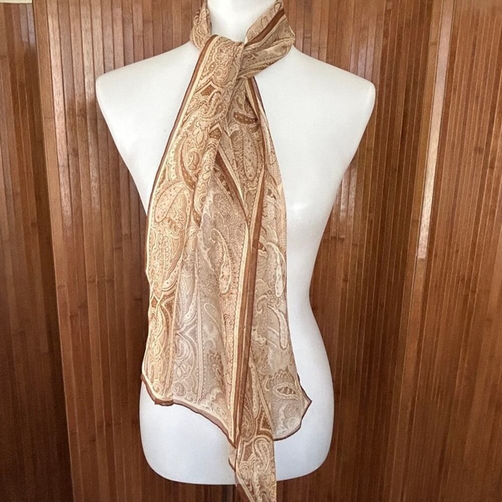 Vintage Echo Long Scarf Paisley Brown and Cream Silk Chiffon